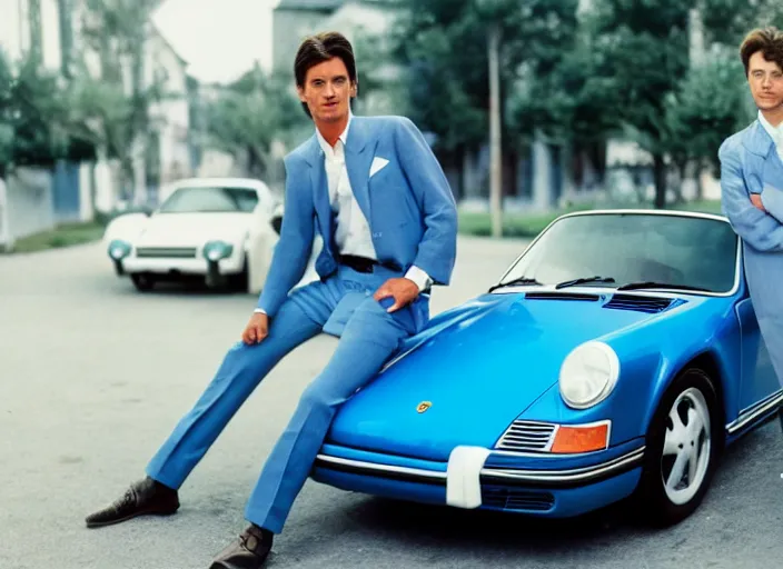 Image similar to color photo of a cool handsome photomodel in a blue suite with arms crossed arms leaning against a white porsche 9 1 1 in the 8 0's. girl beside him
