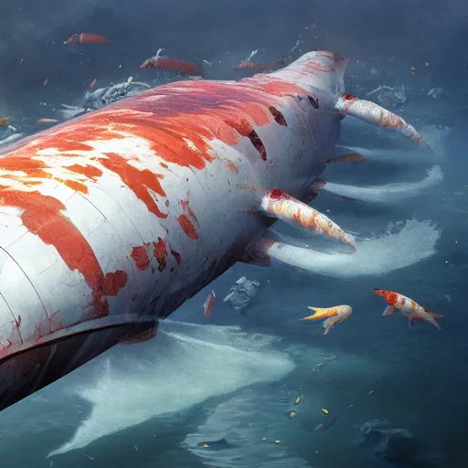 Image similar to subsurface scattering, white, giant submarine, koi colors, never koi, octane render, jesper ejsing, justin gerard, james jean, tomasz alen kopera, cgsociety, fenghua zhong, makoto shinkai, highly detailed, rim light, art, cinematic lighting, very coherent, hyper realism, 8 k