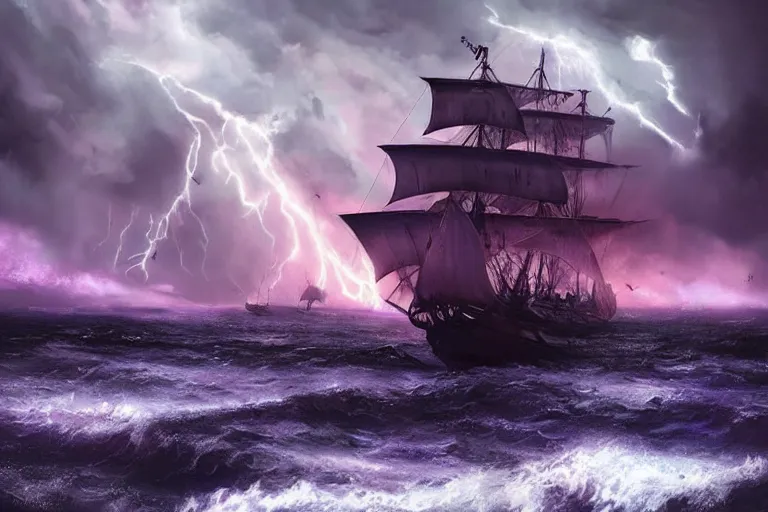 Prompt: huge pirate ships with large white sails rocked by violent stormy waters, massive fire and electrical storm clouds in epic purple sky, dark night, digital art, cinematic, concept art, trending on artstation