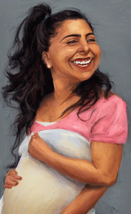 Image similar to a front view portrait of a smiling hispanic pregnant lady illustration, trending on artstation