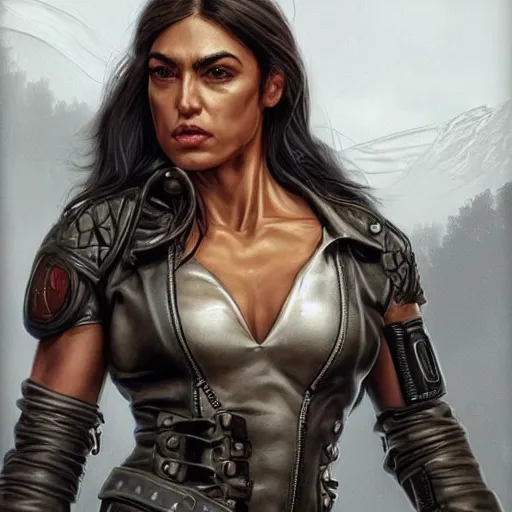 Prompt: muscled Alexandria Ocasio-Cortez as a ruggedly handsome heroine , dressed in biker leather, intricate, elegant, highly detailed, centered, digital painting, artstation, concept art, smooth, sharp focus, illustration, art by artgerm and donato giancola and Joseph Christian Leyendecker, Ross Tran, WLOP.