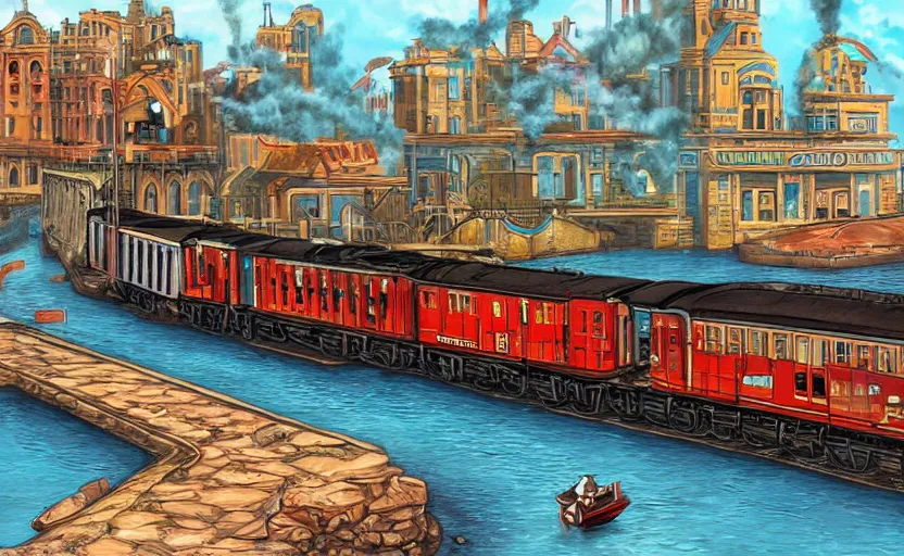 Image similar to A steam locomotive rides along of a waterway on a fantasy city. Fantasy and concept art, colorful digital painting.