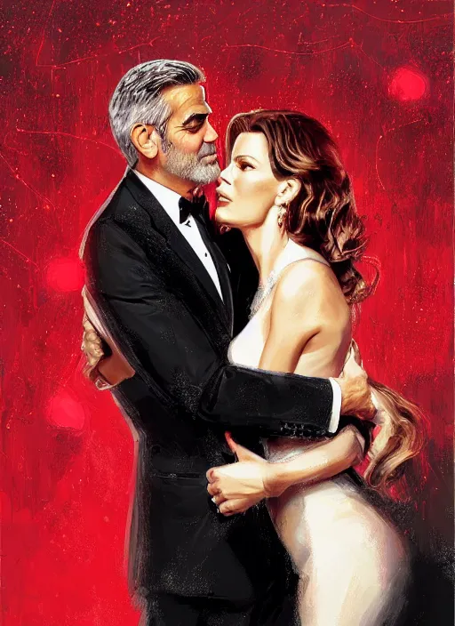 Image similar to portrait of george clooney wearing a formal black suit and kim basinger wearing a red dress in love, intricate, elegant, glowing lights, highly detailed, digital painting, artstation, glamor pose, concept art, smooth, sharp focus, illustration, art by wlop and greg rutkowski