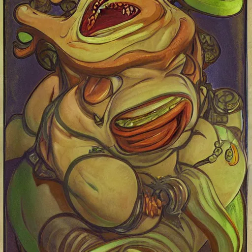 Image similar to tahm kench, painted by alfonse mucha