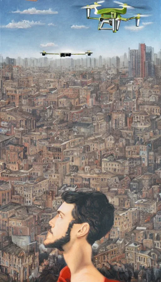 Image similar to crt drones fly above, detailed painting of a man standing in a city with his eyes open but everyone else has their eyes closed