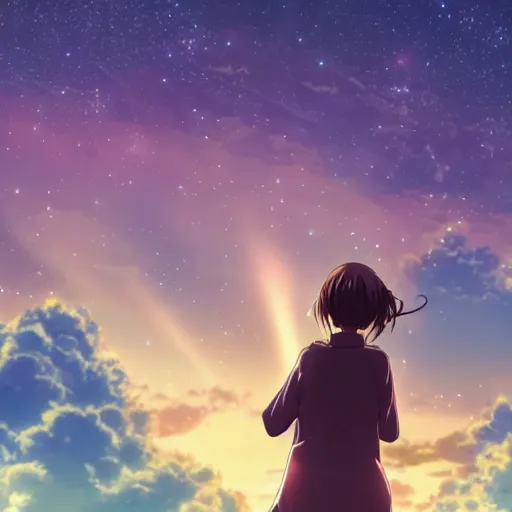 Image similar to key anime visual of a girl looking at a sky full of stars, detailed digital painting, sharp official media, extreme wide shot cold backlit beautiful lighting, stunning vfx