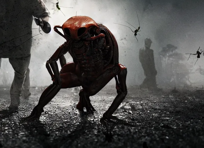 Image similar to full scene, man in a fight with ant aliens, still from horror movie, movie shot, extremly high quality, uhd, 4 k, cinematic lighting