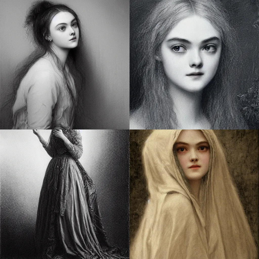 Prompt: Painting of Elle Fanning by Gustave Doré. Extremely detailed. 4K. Award winning.