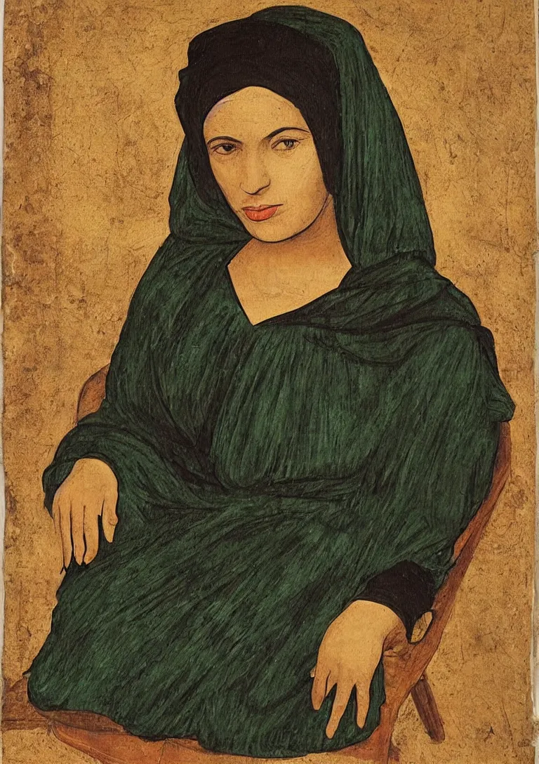Prompt: a portrait of an arab muslim woman from the fifties, seated in front of a landscape background, her black hair is a long curly, she wears a dark green dress pleated in the front with yellow sleeves, puts her right hand on her left hand, in style of leonardo da vinci