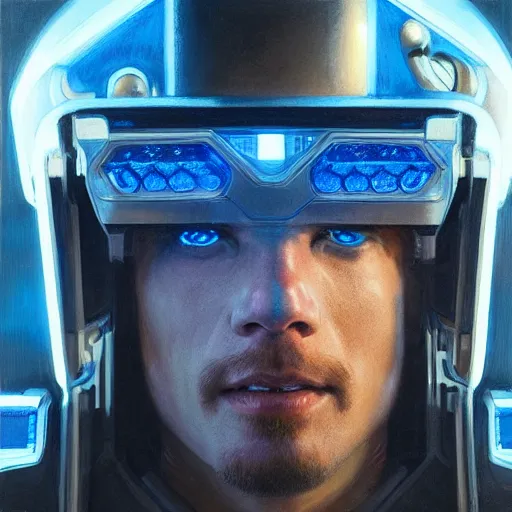 Image similar to robot with glowing blue monovisor as a realistic scifi cyberpunk knight, closeup portrait art by donato giancola and greg rutkowski, realistic face, digital art, trending on artstation, symmetry!!!