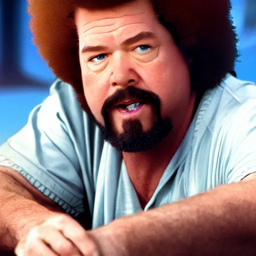 Image similar to a closeup photorealistic photograph of bob ross as kenny powers. baseball. film still. brightly lit scene. this 4 k hd image is trending on artstation, featured on behance, well - rendered, extra crisp, features intricate detail, epic composition and the style of unreal engine.