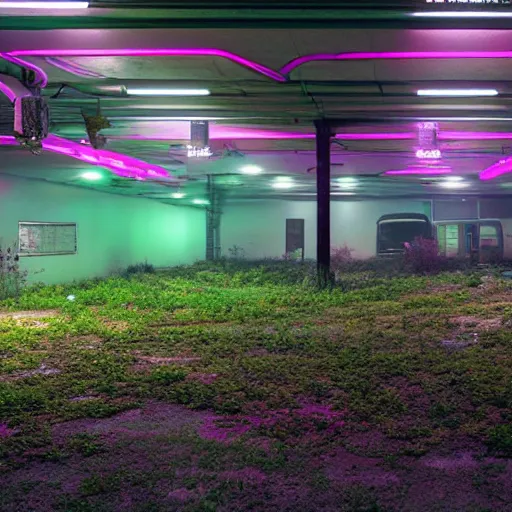 Prompt: a indoor abandoned parking lot with overgrown plants, magenta lighting, neon, cyberpunk, art by Simon Stalenhag, cinematic, 4k