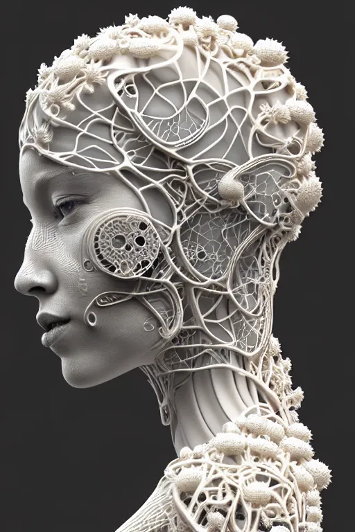 Prompt: bw 3 d render, hyper detailed, stunning beautiful biomechanical albino female cyborg with a porcelain profile face, angelic, beautiful natural soft rim light, big leaves and stems, roots, fine foliage lace, alexander mcqueen, art nouveau fashion embroidered, steampunk, silver filigree details, hexagonal mesh wire, mandelbrot fractal, elegant, 1 9 3 0