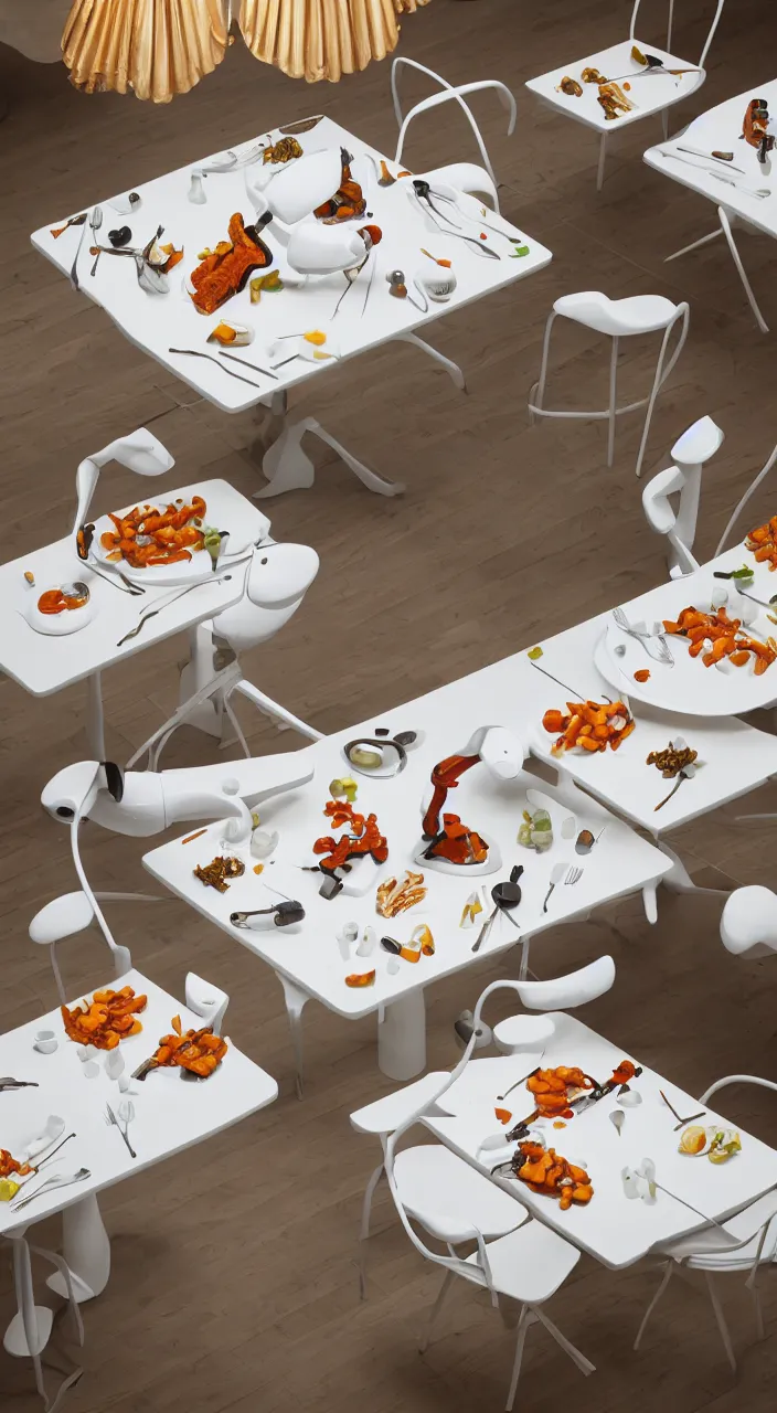 Image similar to three large white glossy kuka industrial robot arms on the floor around a dinner table, the kuka industrial robot arms are wearing bow ties, the table is full of food, they are having dinner inside a fine dining restaurant with mid century modern furniture and decor, global illumination, artstation, fantasy