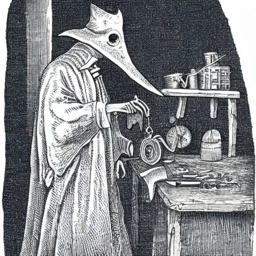 Prompt: Etching art of a plague doctor looking at a pocket watch, intricate, lots of details, 8k