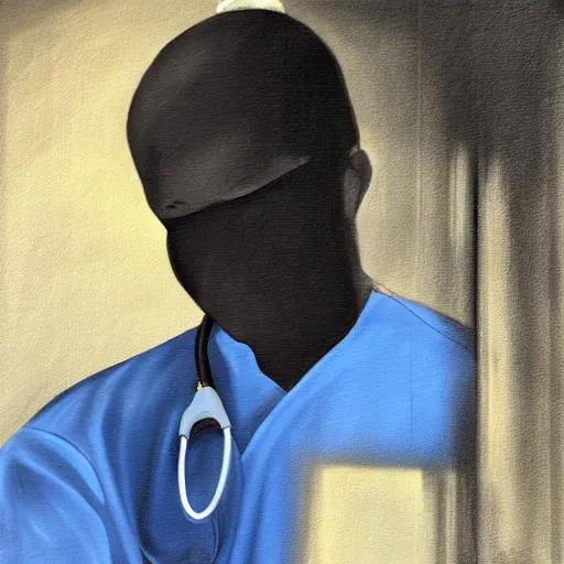 Image similar to lonely male nurse in dark blue scrubs, painting, dark colors, contrast, dark background