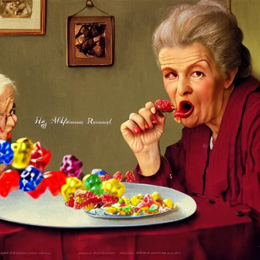 Image similar to hyper realistic hight detailed grandmother with a big mouth eating gummi bears on the table in the russian kitchen, by norman rockwell, bright colors, 4 k, 1 6 k, 3 2 k, photorealistic, cartoon style