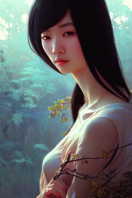 Image similar to a beautiful asian girl, fantasy, portrait, sharp focus, intricate, elegant, digital painting, artstation, matte, highly detailed, concept art, illustration, ambient lighting, art by ilya kuvshinov, artgerm, Alphonse mucha, and Greg Rutkowski