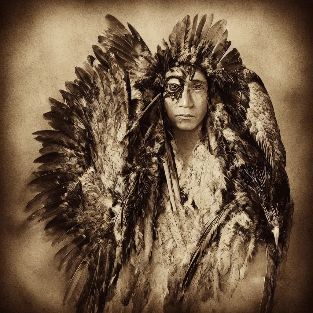 Image similar to “ hawk eye, a native indigenous person with they eye of a hawk bird, fantasy art, digital art but photo portrait ”