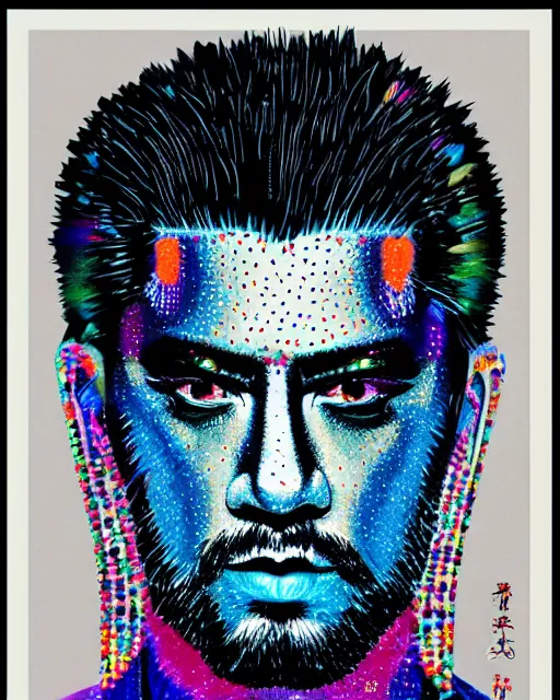 Image similar to flamboyant bling rhinestones & lame hardman ronin samurai grizzled unshaven Toshiro Mifune fullwide angle warrior stance, Swarovski dot pointillist oilpastels black paper, detailed art graphic art poster by Felipe Pantone