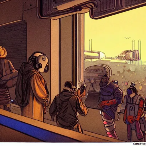 Image similar to Beggar priest with cyberpunk headset in busy spaceport on luna 5 colony. Concept art by James Gurney and Mœbius.