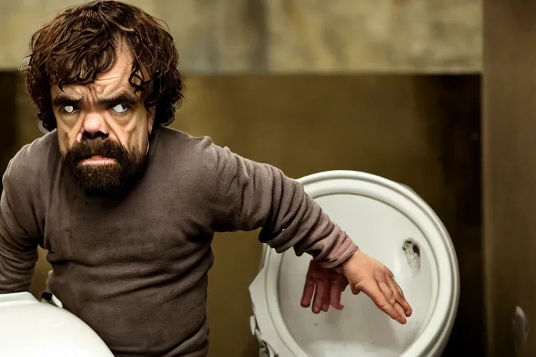 Image similar to peter dinklage climbing out of a toilet, movie still, from the new toxic avenger movie, 8 k, realistic