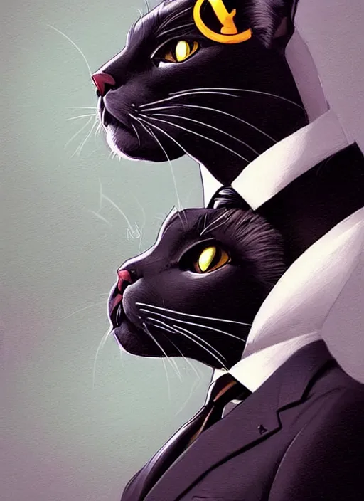 Image similar to portrait of a serious and intelligent black cat scholar in a retro suit, digital art by artgerm and greg rutkowski