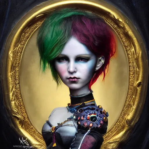 Image similar to photorealistic portrait of a curiosities carnival, single doll punk in a full gothic armor, multiple dyed colors haircut, marvel, symmetry accurate features, focus, rainbow lighting, very intricate details, award winning masterpiece, by tom bagshaw, ultra deep fog background