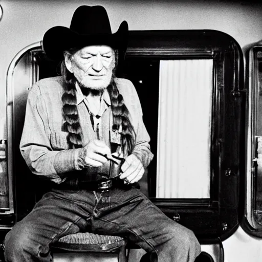 Image similar to willie nelson having a smoke in his trailer.