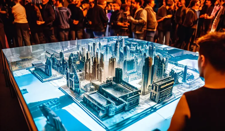 Image similar to crowd of people in large open museum, looking at hologram of futuristic metropolis on a table, cinematic concept art, godrays, golden hour, natural sunlight, 4 k, clear details, tabletop model buildings, center model buildings, hologram center, crane shot, wide shot, high shot