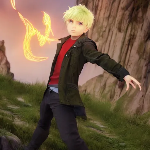 Image similar to a blonde haired green eyes boy casting a spell. character design. gesture drawing. line of action. official art, unreal engine 5, unreal engine. tetsuya nomura. medium shot. ray tracing hdr. 8 k. uhd. sharp focus. highly detailed. masterpiece. anime render. cinematic lighting. lifelike. symmetrical face. beautiful face