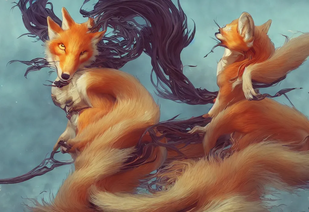 Prompt: kitsune three - tailed fox, realistic, canon mark 4, 4 5 mm bokeh, extremely detailed, unreal engine 5, rtx reflections, concept art by artgerm, greg rutkowski, alphonse mucha