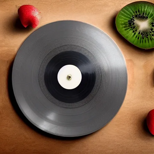 Prompt: vinyl turntable with vinyl record in shape of huge kiwi fruit, 4 k, digital art, unreal render, hyperrealistic textures, product shot, top view