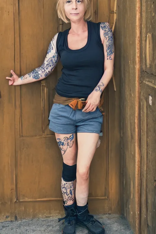 Image similar to anime style cel shaded portrait of a blonde woman, 40 years old, brown sun tanned skin, tattoos down left arm and back, wearing a charcoal vest top, white shorts and hiking boots, stood in sunshine in front of a door