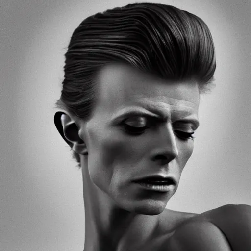 Image similar to a fashion photo portrait of a young david bowie, full makup, smokey eye, medium shot. In the style of Helmut newton, robert maplethorpe, Stefano Brunesci, Lachlan Bailey, Herb Ritts, Ellen Von Unwerth, Haris Nukem, Sardax, Annie Leibovitz. detailed photo, hd, 4k, trending on artstation, 35mm, f1.8