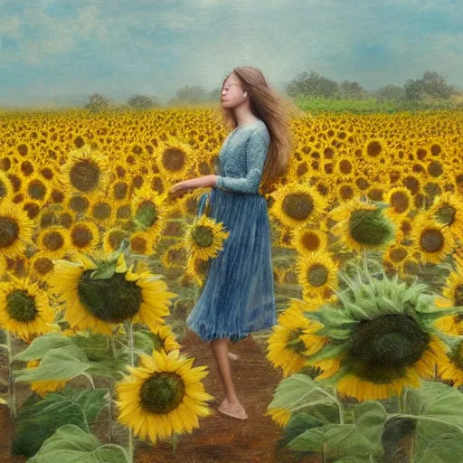 Prompt: a dreamy vision of girl slowly walking through amazing tall sunflower field, her hair flowing down, fog, subtle, intricate details, real masterpiece, oil on canvas, by somsak anong