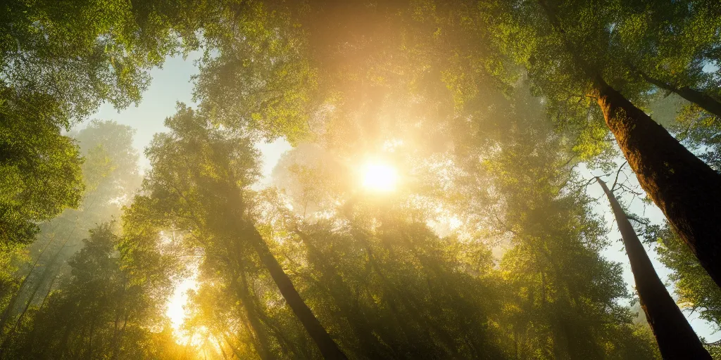 Prompt: a hazy forest with huge oak trees at sunrise, day of the tentacle style, low angle