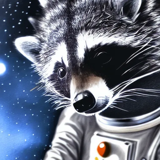 Image similar to a very detailed pencil drawing of a raccoon in an astronaut suit in space 4 k, high resolution, still, landscape, hd, dslr, hyper realistic, sketch