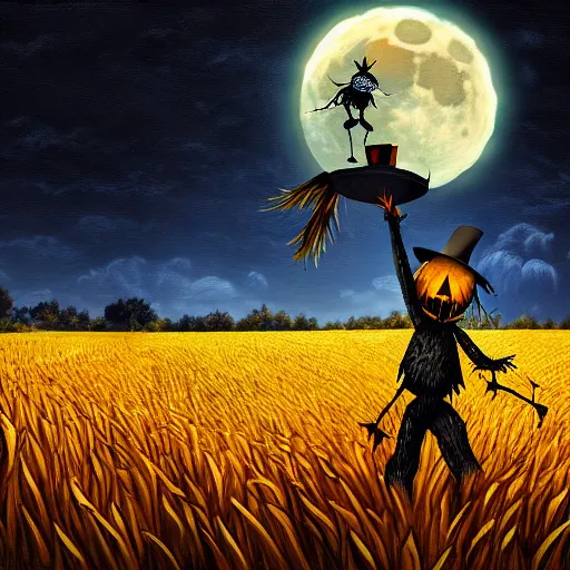 Image similar to a scarecrow dances in a cornfield on a full moon, dark atmosphere, vivid color, highly crazy detailed, digital painting, artstation, concept art, matte, sharp focus