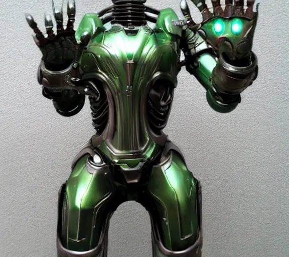 Prompt: h. r. giger esque full front view of a friendly happy emerald ultron from age of ultron fresh of the production line washed clean shiny _ clockwork steampunk, t - 8 0 0, robocop, robot hands