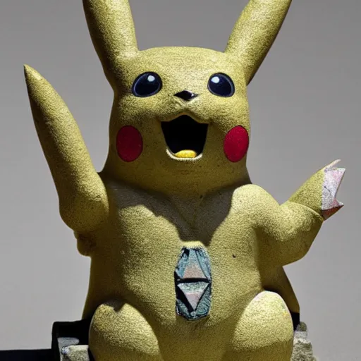 Prompt: a statue of Pikachu from Aztec temple,