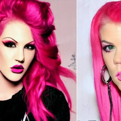 Prompt: photo of jeffree star in the 2 0 0 0 s with pink red hair smoking in a pink tesla