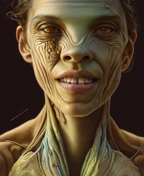 Prompt: intricate earth - toned portrait of a comforting alien insect creature, mottling coloring, adorable, childlike, overgrown environment, ultra realistic, concept art, maximalist, photorealistic, octane render, 8 k, unreal engine. art by christopher marley and artgerm and greg rutkowski and alphonse mucha