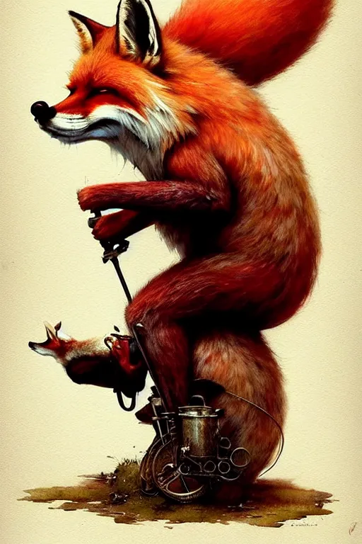 Image similar to gnome ridding on red fox | esoteric symbolism | jean - baptiste monge, esao andrews, bastien lecouffe - deharme, tim jacobus, ken currie | ultra - detailed realism, soft cinematic lighting, hi - fructose, artstation, high - quality, ink watercolors wes anderson poster art