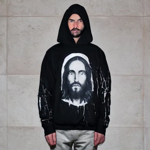 Prompt: jesus portrait in virgil abloh hoodie streetwear by nicola samori, off - white style