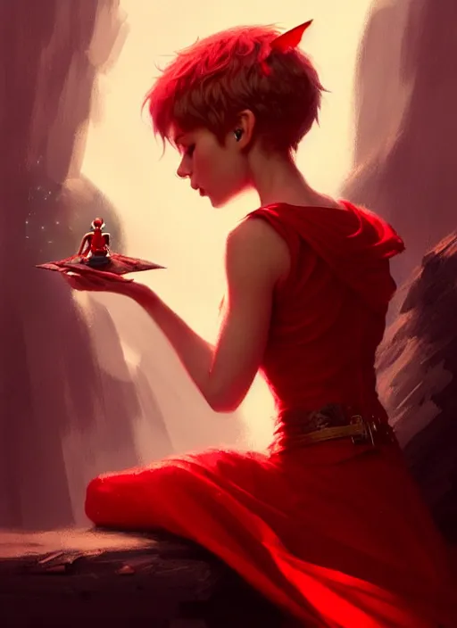 Image similar to Image of tiny pixie sitting on top of a human hand, D&D fantasy, wearing a red dress, intricate, highly detailed, digital painting, artstation, concept art, sharp focus, illustration, art by greg rutkowski and Ross Tran