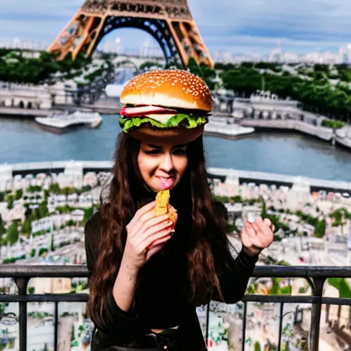 Prompt: a mermaid eating a burger on the top of the Eiffel Tower