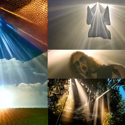 Image similar to heavens opening, weird al descending from heaven, god rays