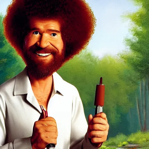 Prompt: bob ross with a really long neck and screaming at the sky