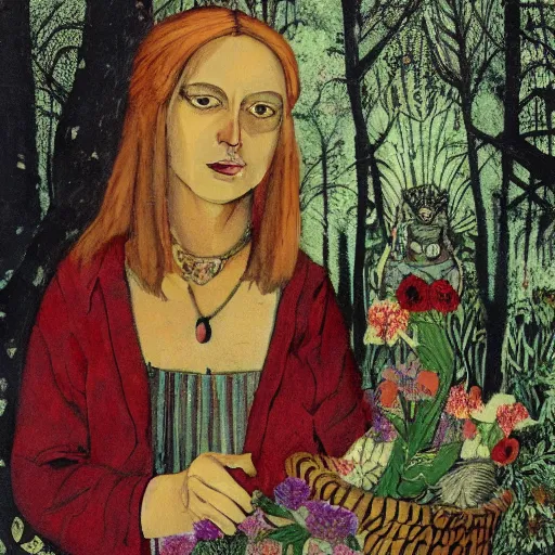 Image similar to In the mixed mediart Vasilisa can be seen standing in the forest, surrounded by animals. She is holding a basket of flowers in one hand and a spindle in the other. Her face is turned towards the viewer, with a gentle expression. In the background, the forest is depicted as a dark and mysterious place. scarlet by Bruno Munari monumental